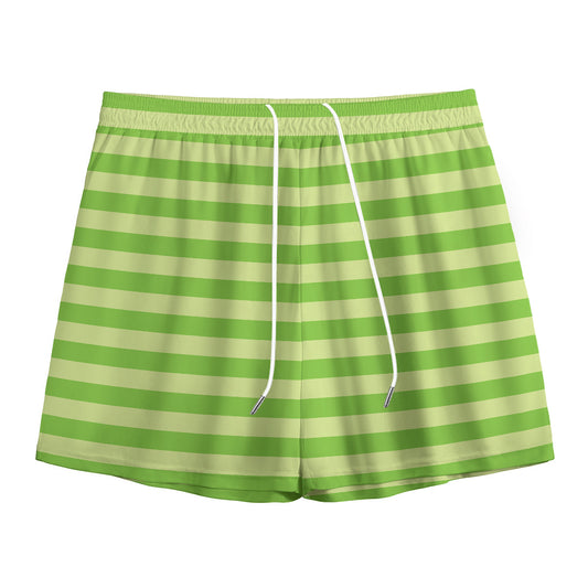 Green Striped Pattern Print Mesh Shorts
