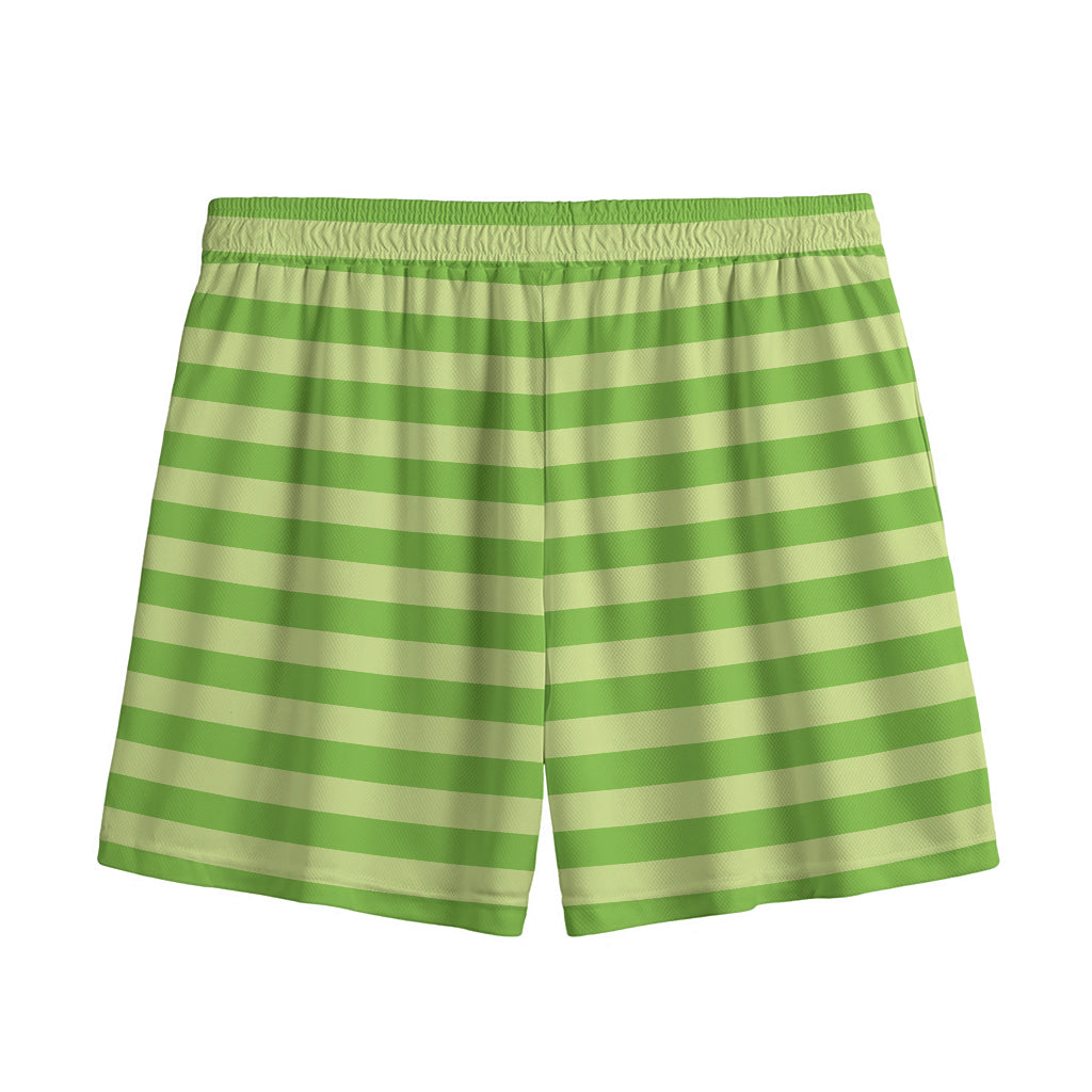 Green Striped Pattern Print Mesh Shorts