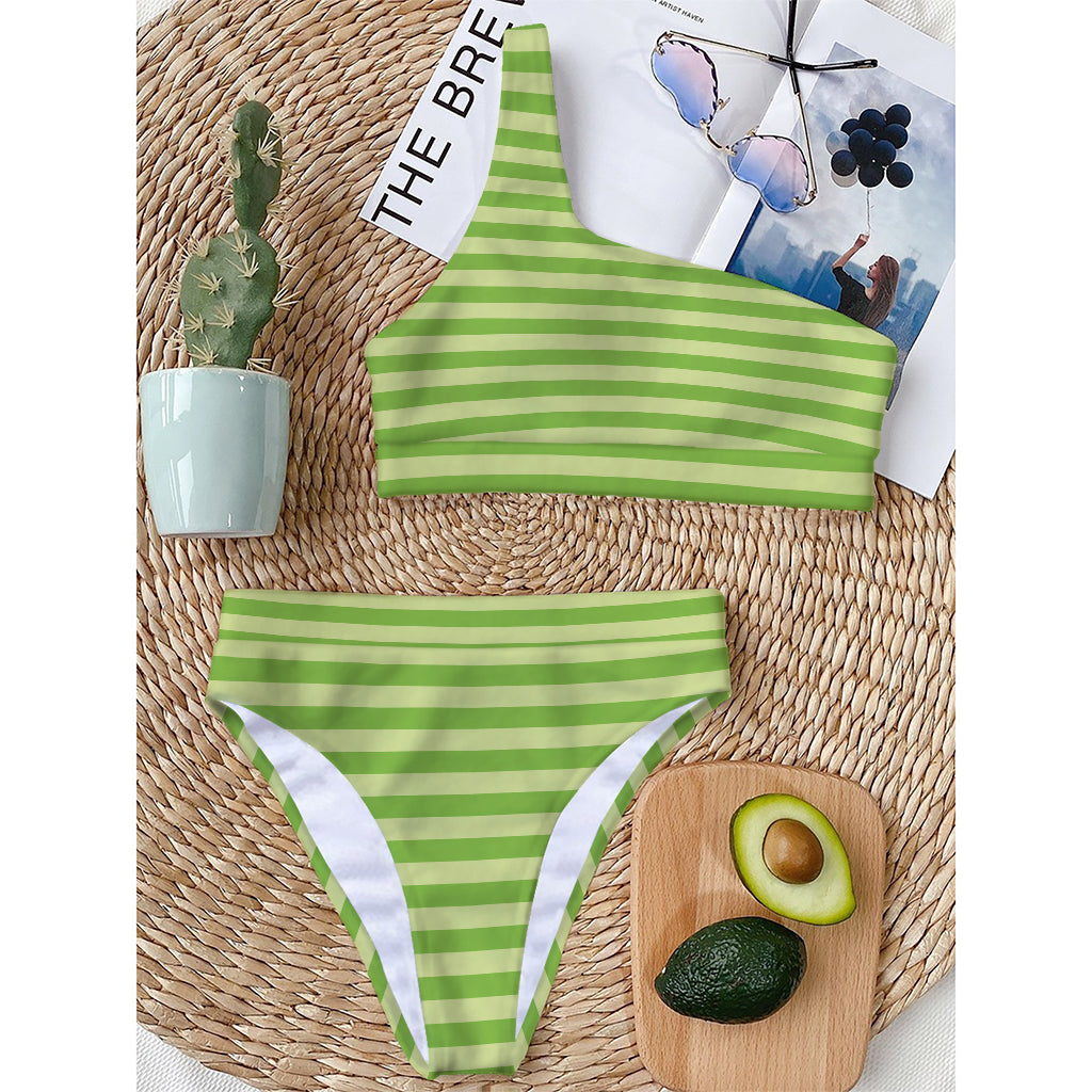 Green Striped Pattern Print One Shoulder Bikini Top
