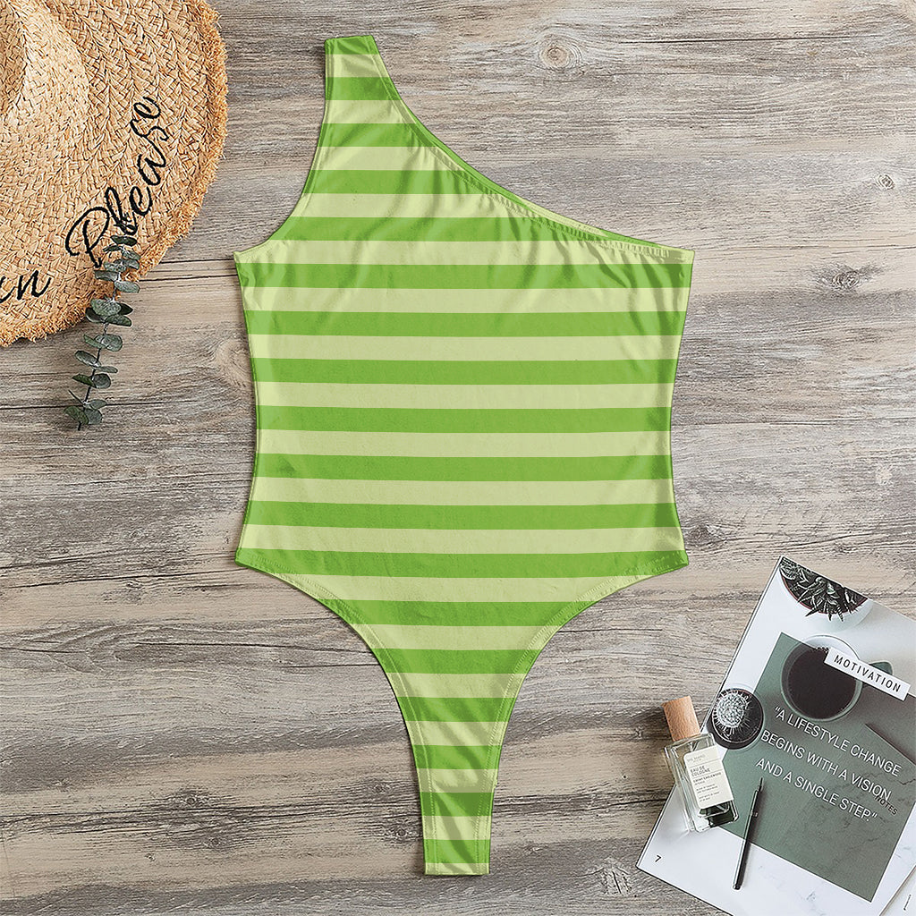 Green Striped Pattern Print One Shoulder Bodysuit