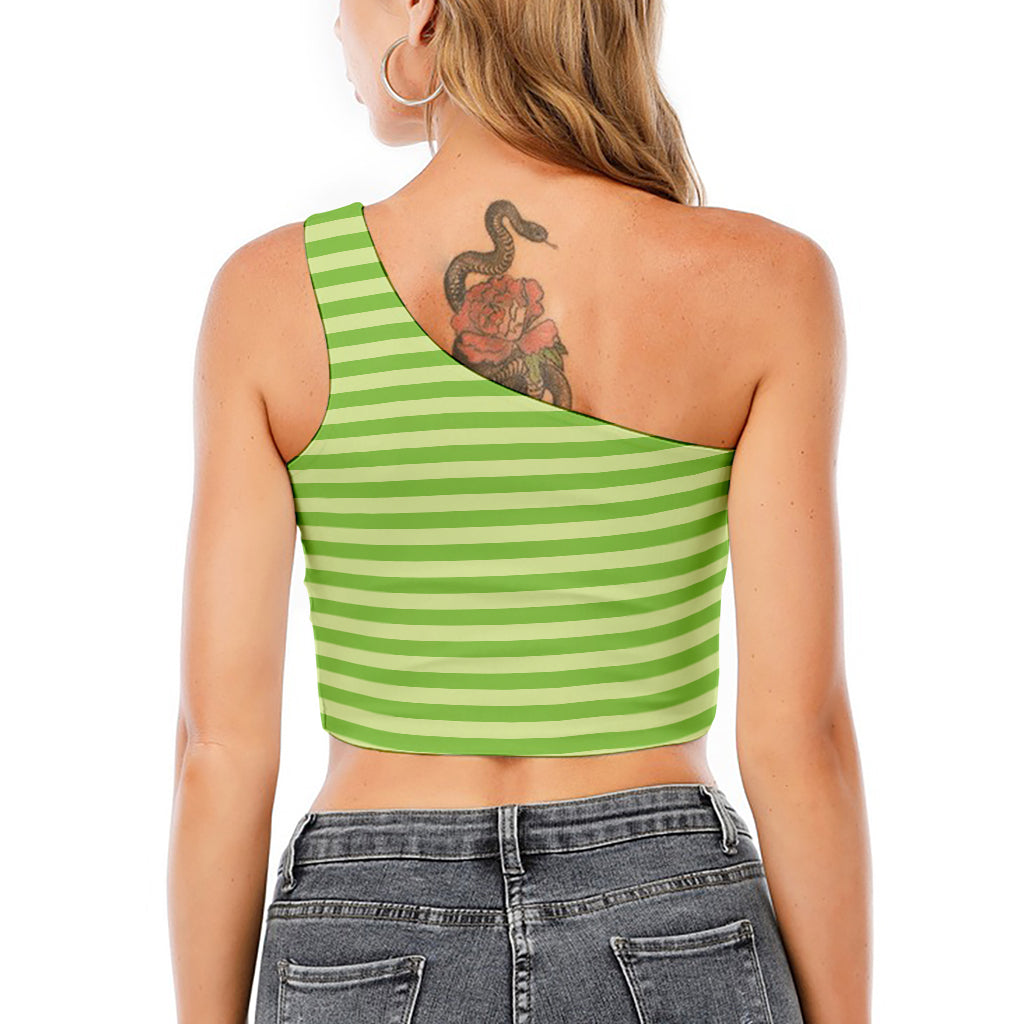 Green Striped Pattern Print One Shoulder Crop Top