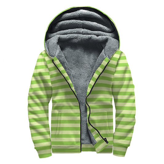 Green Striped Pattern Print Sherpa Lined Zip Up Hoodie