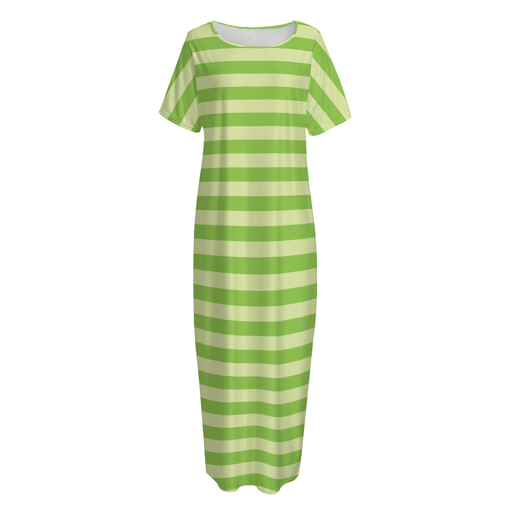 Green Striped Pattern Print Short Sleeve Long Nightdress