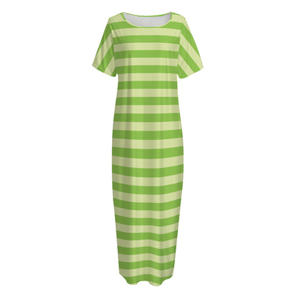 Green Striped Pattern Print Short Sleeve Long Nightdress