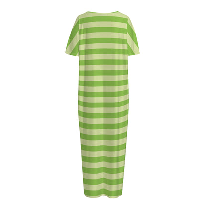 Green Striped Pattern Print Short Sleeve Long Nightdress