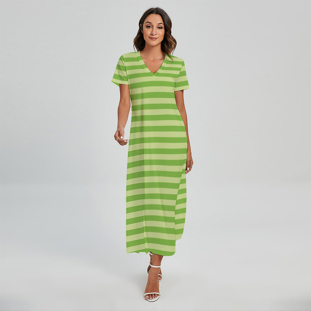 Green Striped Pattern Print Short Sleeve Maxi Dress