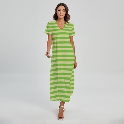 Green Striped Pattern Print Short Sleeve Maxi Dress