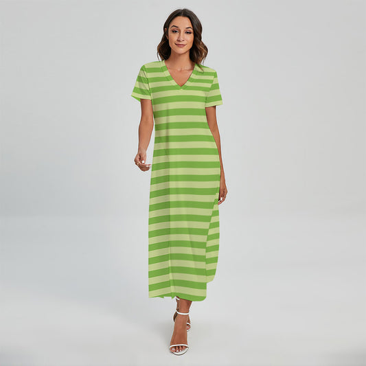 Green Striped Pattern Print Short Sleeve Maxi Dress