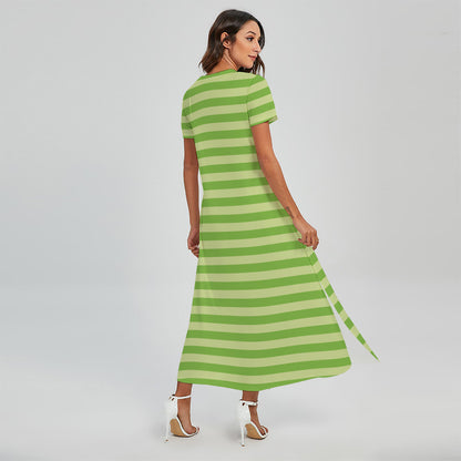 Green Striped Pattern Print Short Sleeve Maxi Dress