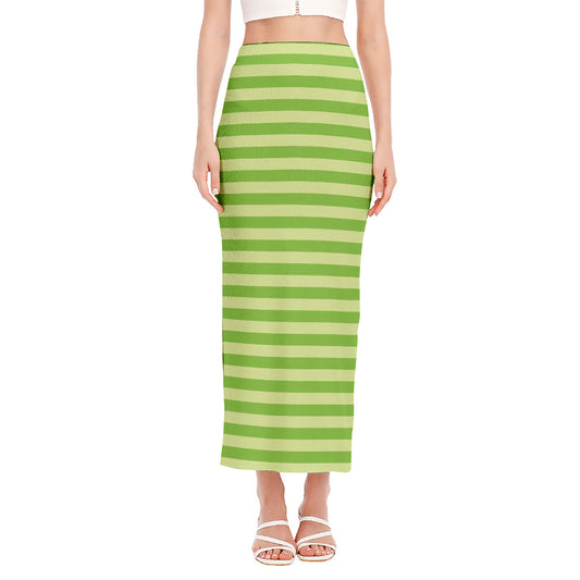 Green Striped Pattern Print Side Slit Maxi Skirt