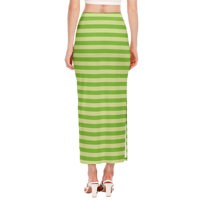 Green Striped Pattern Print Side Slit Maxi Skirt