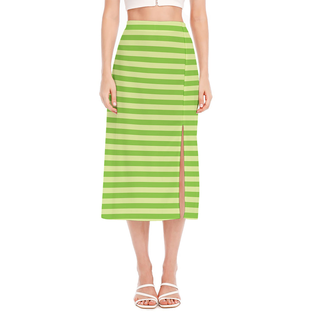 Green Striped Pattern Print Side Slit Midi Skirt
