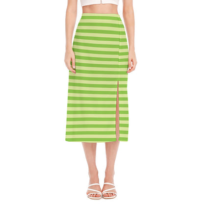 Green Striped Pattern Print Side Slit Midi Skirt