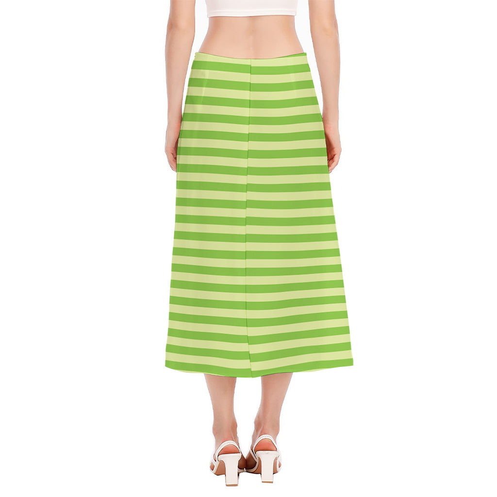 Green Striped Pattern Print Side Slit Midi Skirt