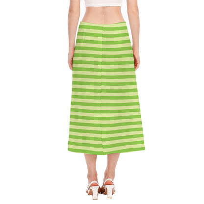 Green Striped Pattern Print Side Slit Midi Skirt
