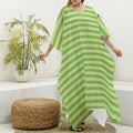 Green Striped Pattern Print Silk V-Neck Kaftan Dress