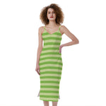 Green Striped Pattern Print Slim Fit Midi Cami Dress