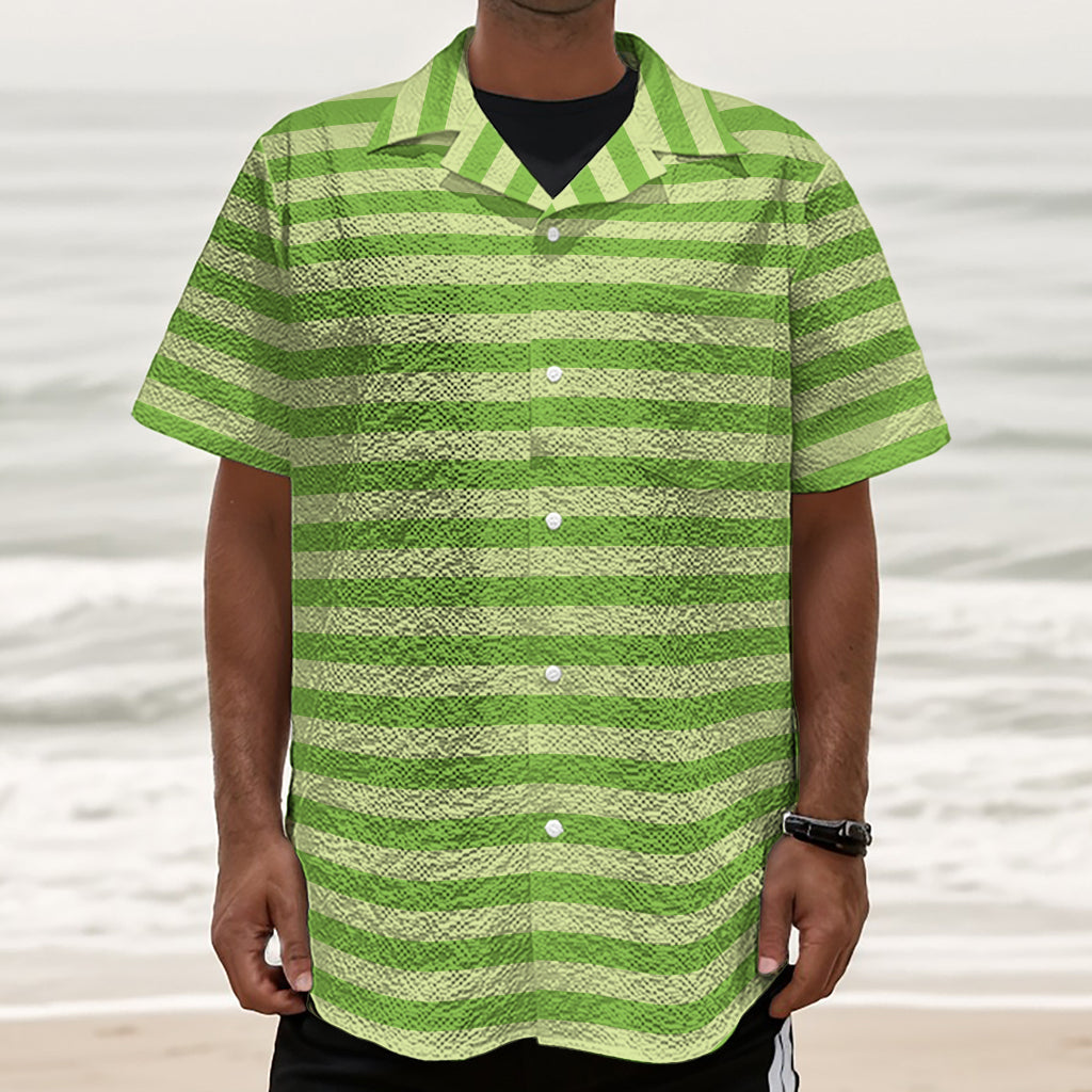 Green Striped Pattern Print Textured Short Sleeve Shirt