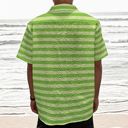 Green Striped Pattern Print Textured Short Sleeve Shirt