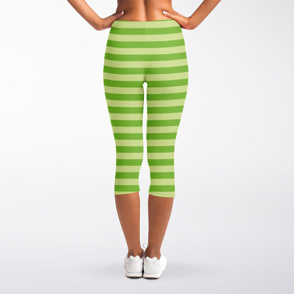 Green Striped Pattern Print Women's Capri Leggings
