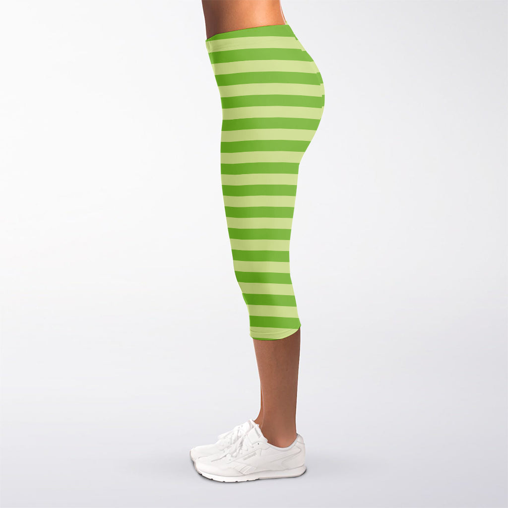 Green Striped Pattern Print Women's Capri Leggings