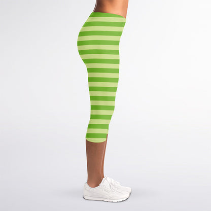 Green Striped Pattern Print Women's Capri Leggings