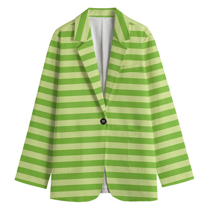 Green Striped Pattern Print Women's Cotton Blazer