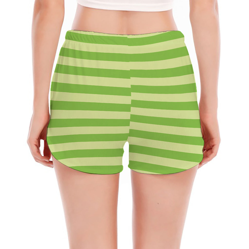 Green Striped Pattern Print Women's Split Running Shorts