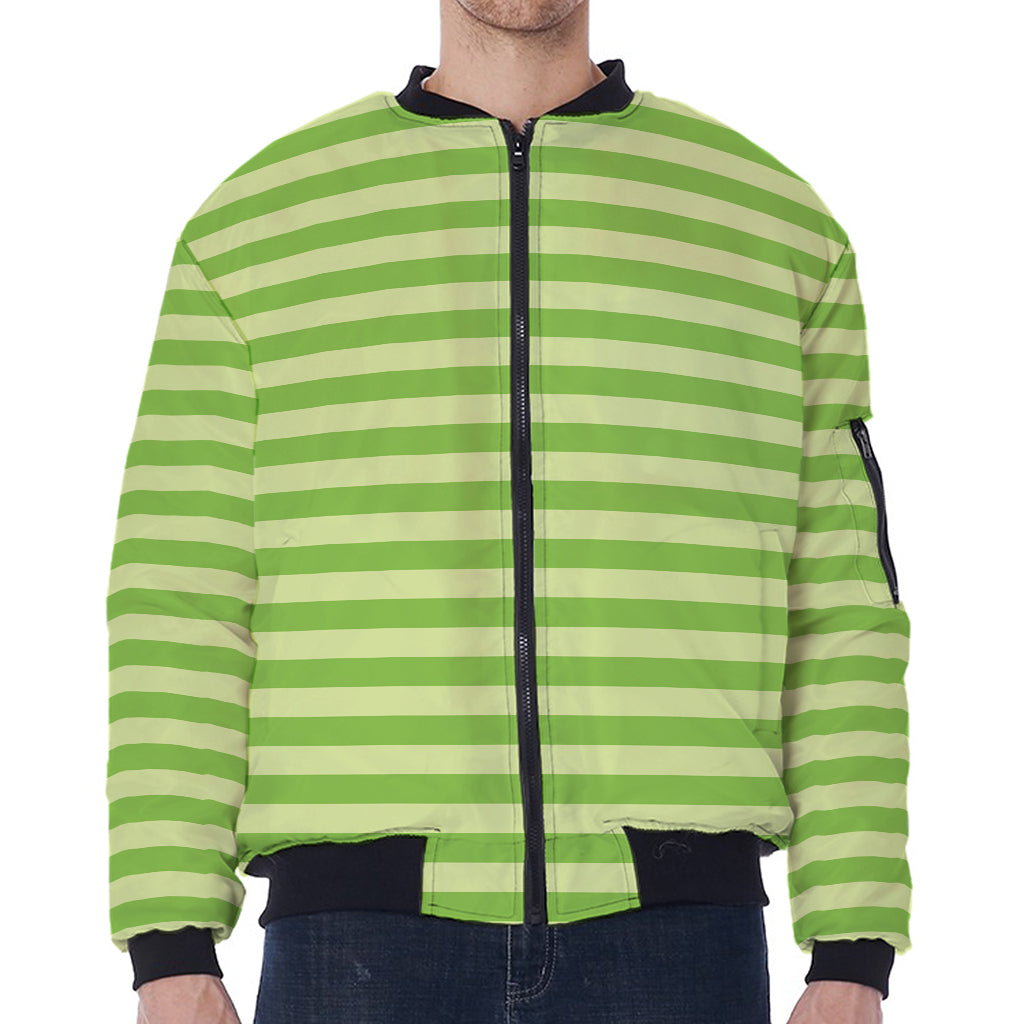 Green Striped Pattern Print Zip Sleeve Bomber Jacket