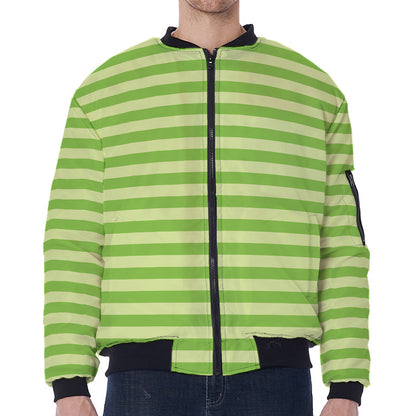 Green Striped Pattern Print Zip Sleeve Bomber Jacket