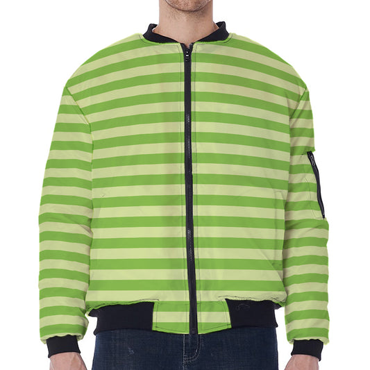 Green Striped Pattern Print Zip Sleeve Bomber Jacket