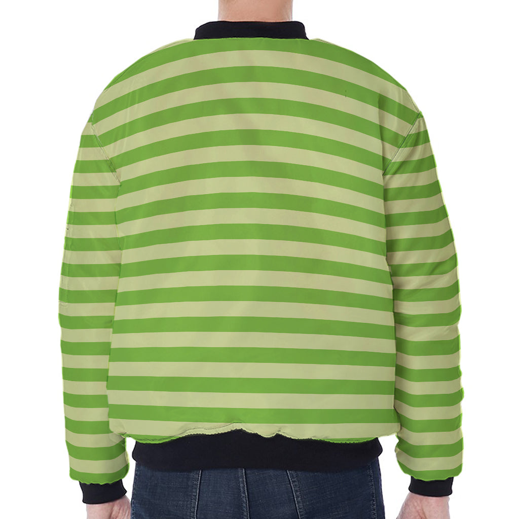 Green Striped Pattern Print Zip Sleeve Bomber Jacket