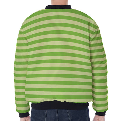 Green Striped Pattern Print Zip Sleeve Bomber Jacket