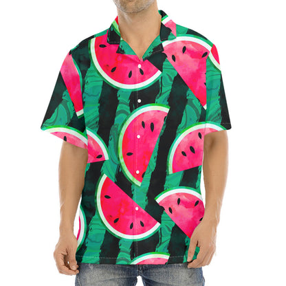 Green Striped Watermelon Pattern Print Aloha Shirt