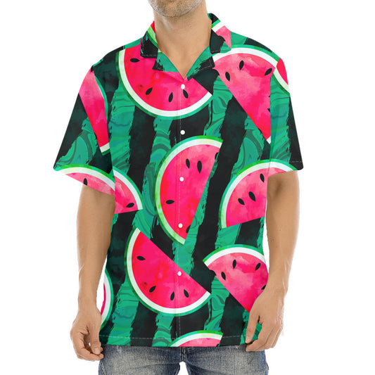 Green Striped Watermelon Pattern Print Aloha Shirt
