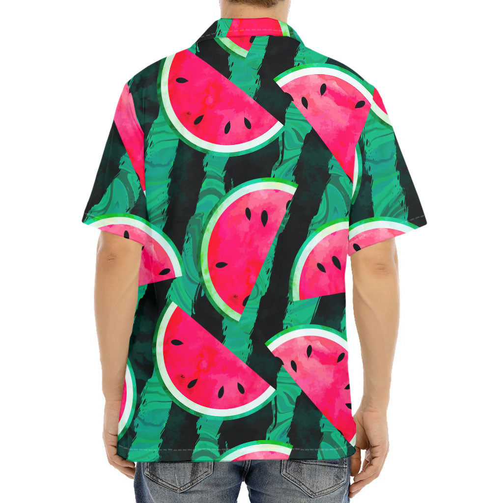 Green Striped Watermelon Pattern Print Aloha Shirt