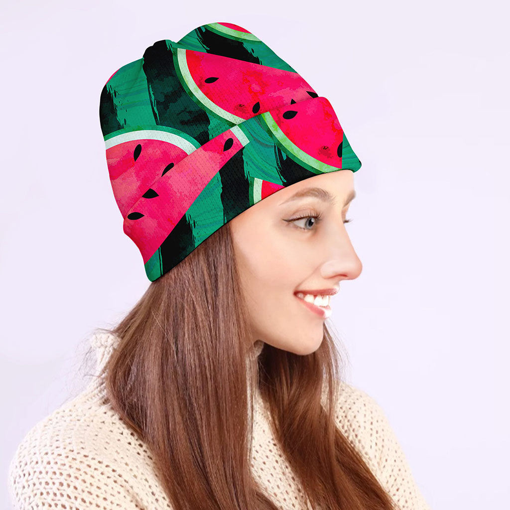 Green Striped Watermelon Pattern Print Beanie