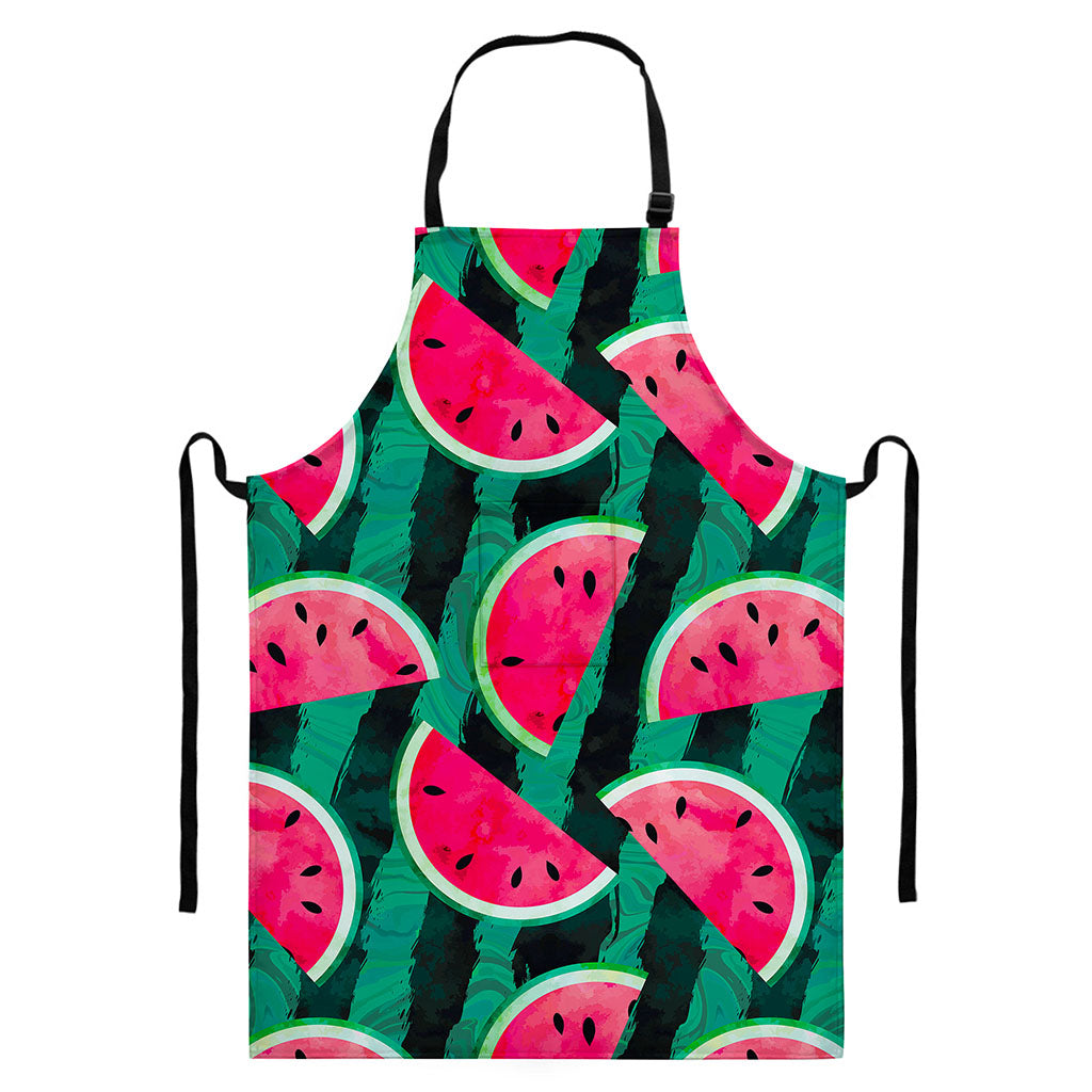 Green Striped Watermelon Pattern Print Bib Apron With Pocket