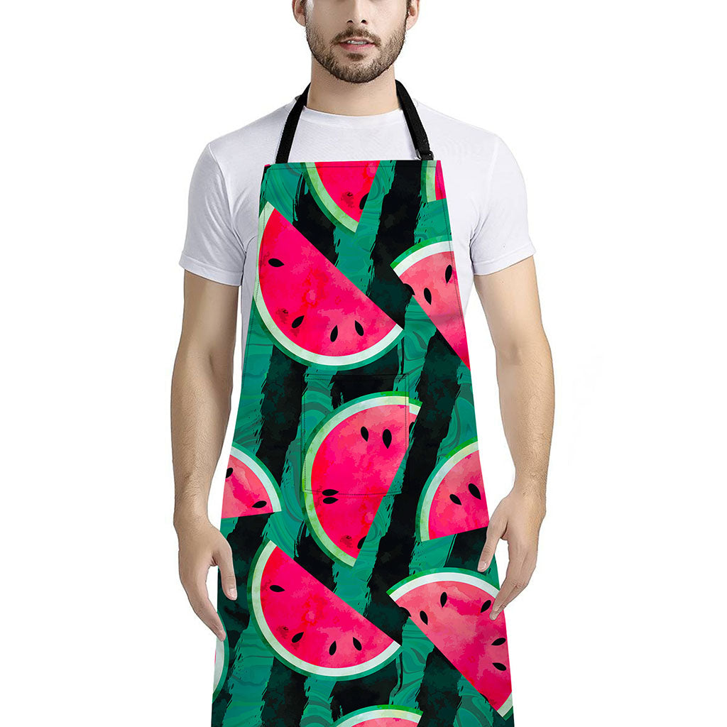 Green Striped Watermelon Pattern Print Bib Apron With Pocket