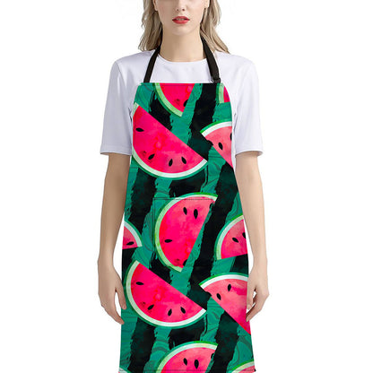 Green Striped Watermelon Pattern Print Bib Apron With Pocket