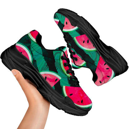 Green Striped Watermelon Pattern Print Black Chunky Shoes