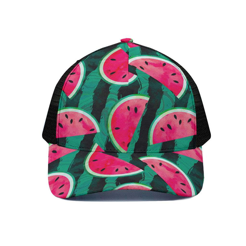 Green Striped Watermelon Pattern Print Black Mesh Trucker Cap