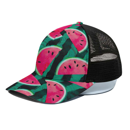 Green Striped Watermelon Pattern Print Black Mesh Trucker Cap