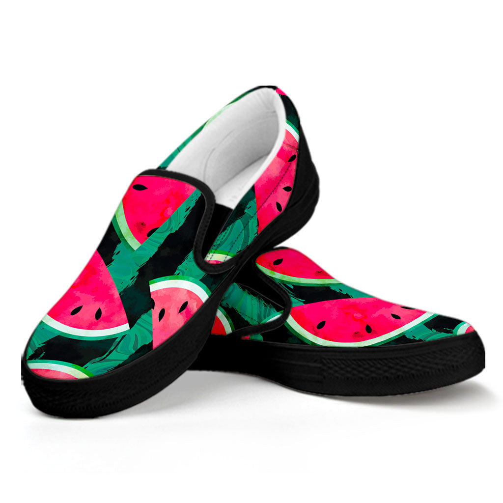 Green Striped Watermelon Pattern Print Black Slip On Sneakers