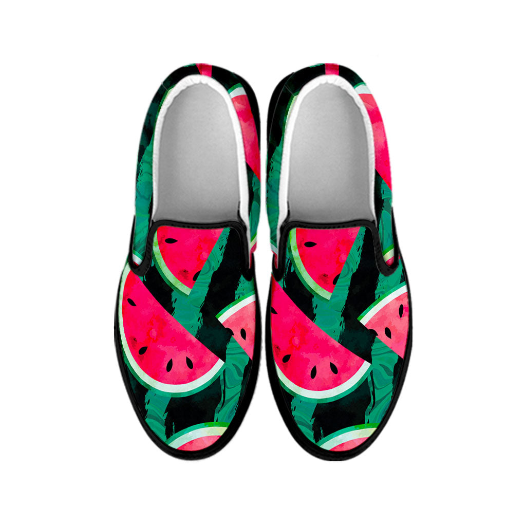 Green Striped Watermelon Pattern Print Black Slip On Sneakers
