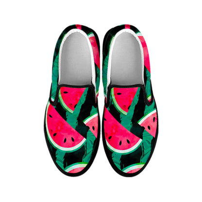 Green Striped Watermelon Pattern Print Black Slip On Sneakers