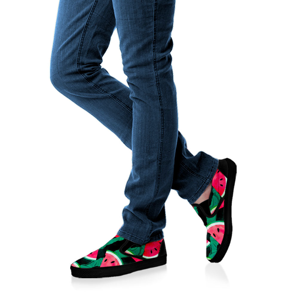 Green Striped Watermelon Pattern Print Black Slip On Sneakers