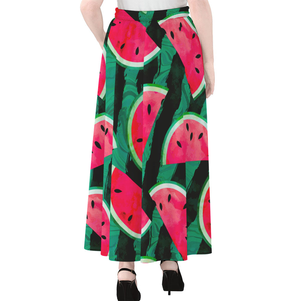 Green Striped Watermelon Pattern Print Chiffon Maxi Skirt