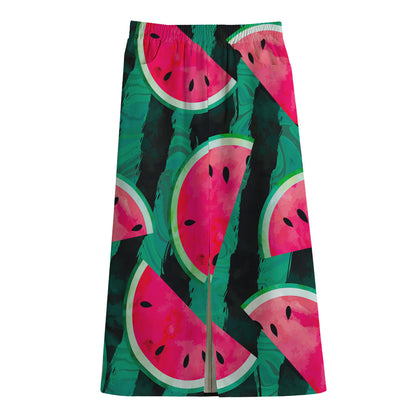 Green Striped Watermelon Pattern Print Cotton Front Slit Maxi Skirt