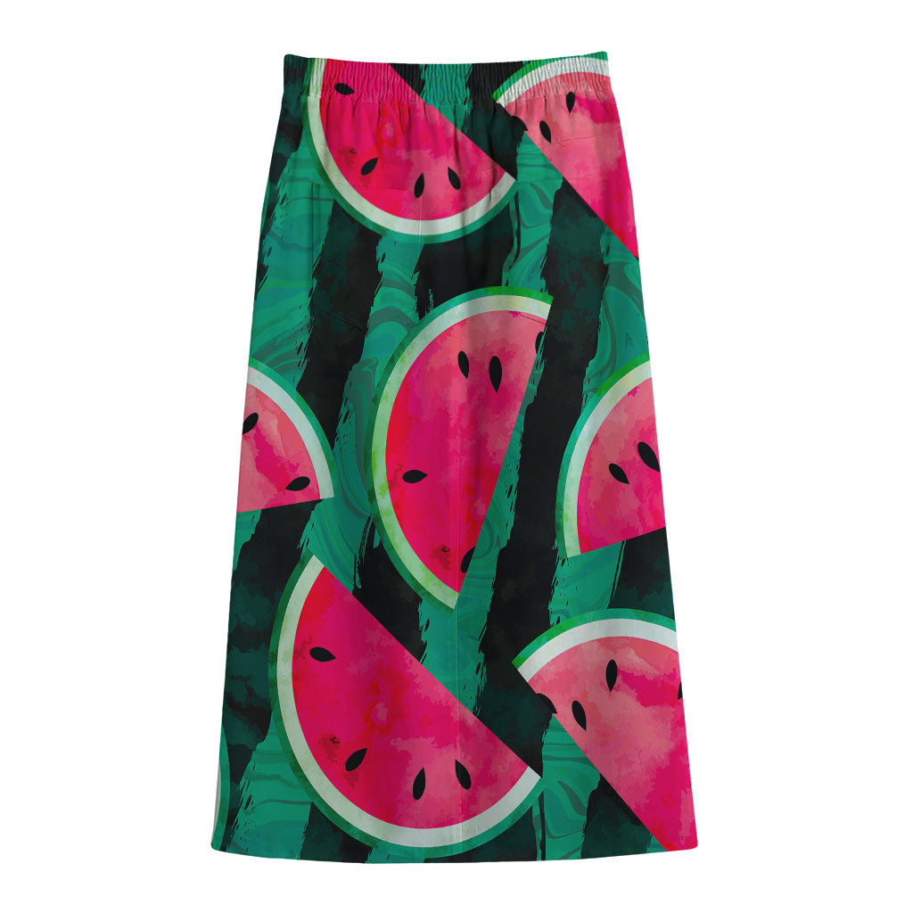 Green Striped Watermelon Pattern Print Cotton Front Slit Maxi Skirt